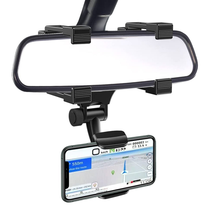 Rear View Mirror Phone Holder Mount, Car Phone Bracket/Stand with 270° Swivel and Adjustable Clips, Universal Smartphone Cradle, Black