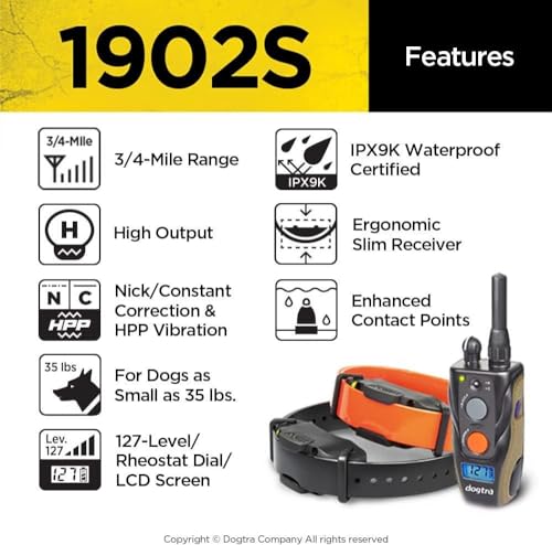 1902S Ergonomic 3/4-Mile IPX9K Waterproof High-Output 2-Dog Remote Dog Training E-Collar