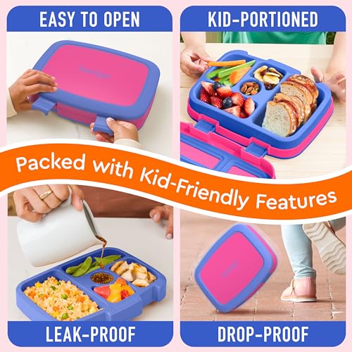 Kids Bento-Style 5-Compartment Leak-Proof Lunch Box - Ideal Portion Sizes for Ages 3 to 7 - Durable, Drop-Proof, Dishwasher Safe, BPA-Free, & Made with Food-Safe Materials (Fuchsia)