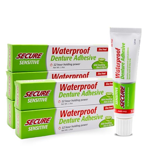 Sensitive Denture Adhesive with Aloe Vera & Myrrh – 12-Hour Max Hold – Patented Waterproof Seal – for All Denture Types – Food Grade Ingredients – FSA HSA Approved – 1.4 oz