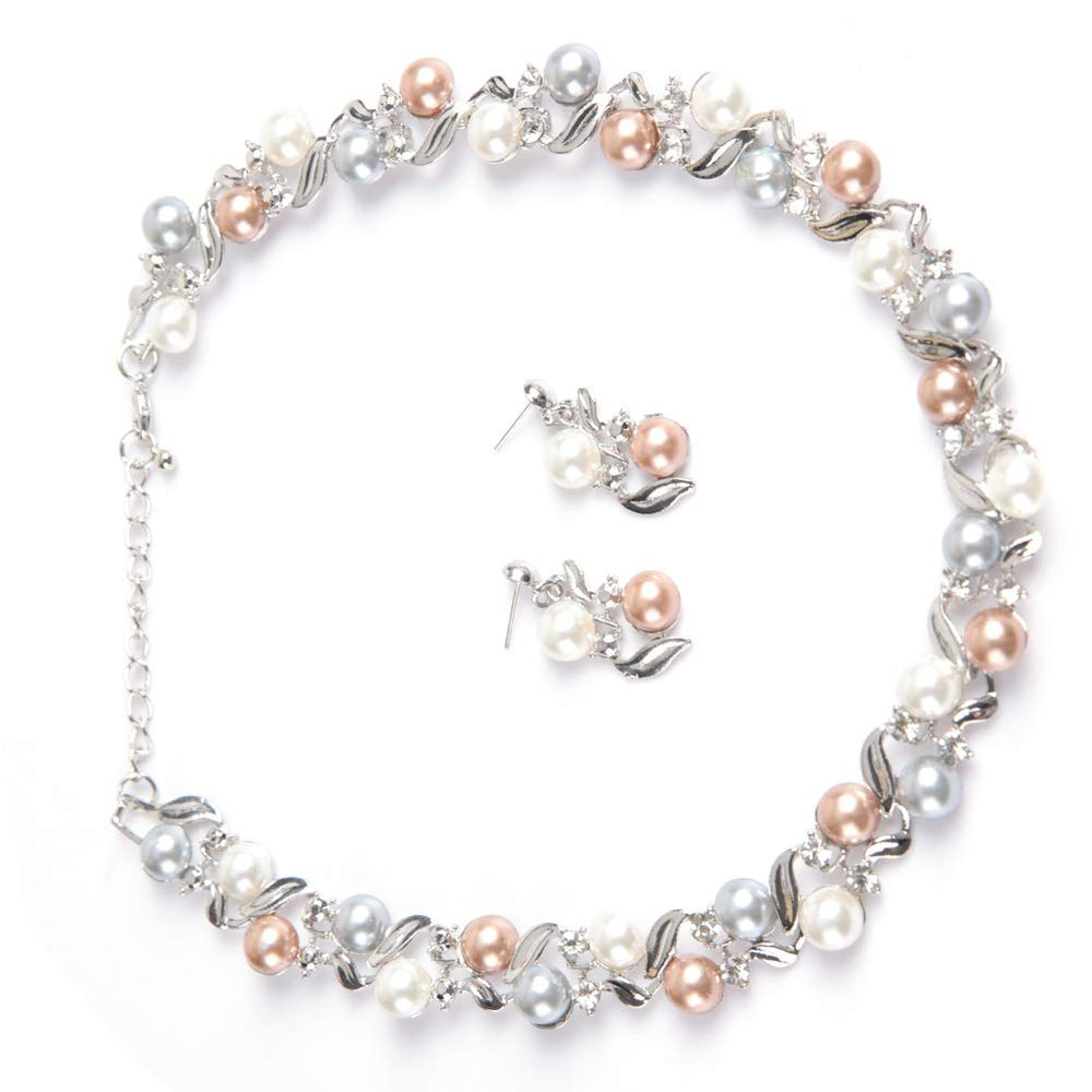 Women Faux Pearl Necklace Earrings Set , Bridal Jewelry Set with Rhinestone Jewelry Lady Mother's Day(silvery white)