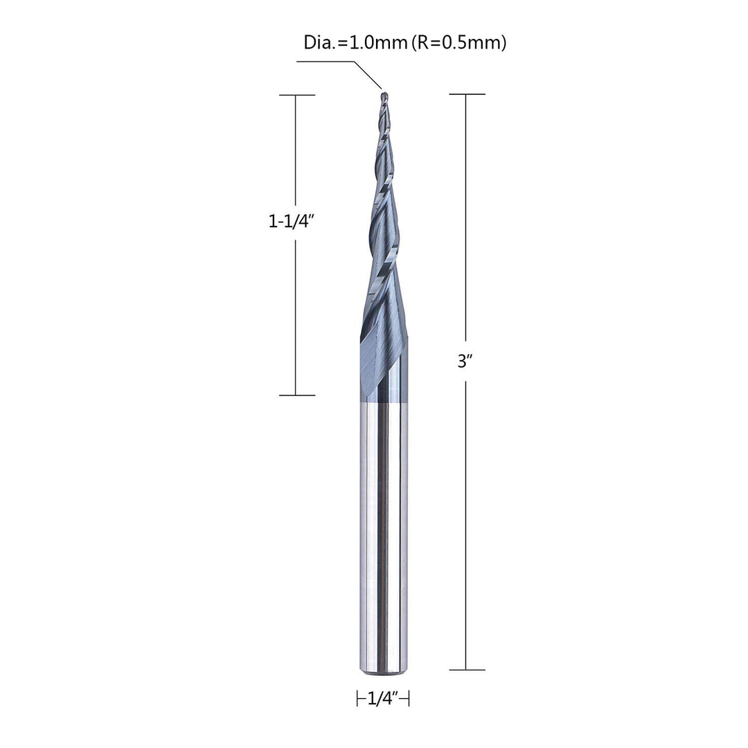 Spiral Tapered Ball Nose End Mill 1/4 X 3 inches Router Bit with 1.5mm Diameter ( 0.75mm Radius ) Ball Nose 4.36 Deg for CNC Machine Engraving Carving Bits