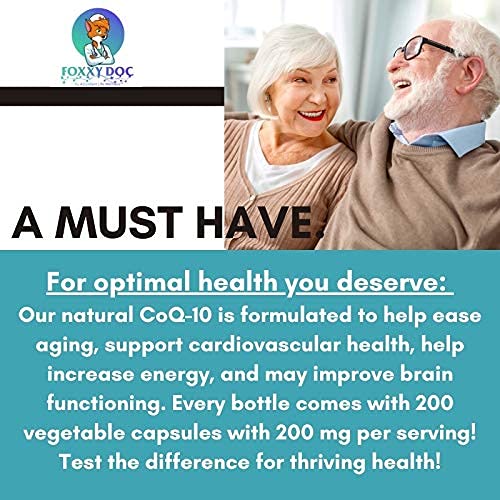 CoQ10 400 MG Per 2 Caps - Ubiquinone - Excellent Value - Heart, Brain & Cellular Supplement - Energy Support - 200 Vegetable Caps in Bottle - by Foxxy Doc