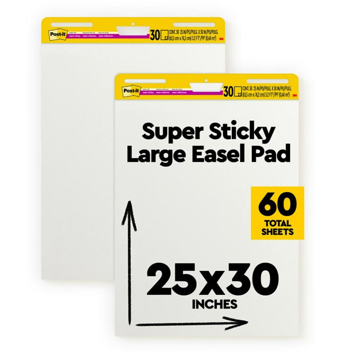 Super Sticky Easel Pad, 25 in x 30 in, White, 30 Sheets/Pad, 2 Pad/Pack, Large White Premium Self Stick Flip Chart Paper, Super Sticking Power (559)