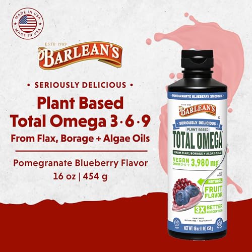 Liquid Flaxseed, Borage and Algae Oils Omega 3 Supplement, Pomegranate Blueberry Flavor, Vegan EPA and DHA, Flax and Borage Seed Oil with 3,980 mg of Omega-3-6-9, 16 oz