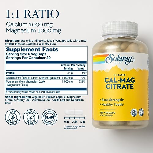 Solaray Calcium Magnesium Citrate 1:1 Ratio, Healthy Bones, Teeth, Muscle & Nervous System Support, 30 Serv, 180 VegCaps