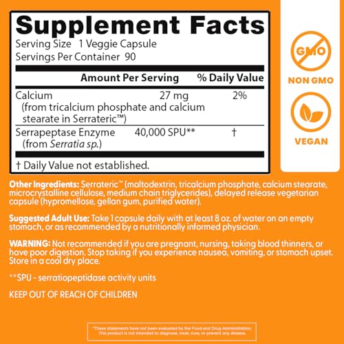 Doctors BEST Serrapeptase, 40,000 SPU, Supports Sinus Health, Non-GMO, Vegan 90 Veggie Caps