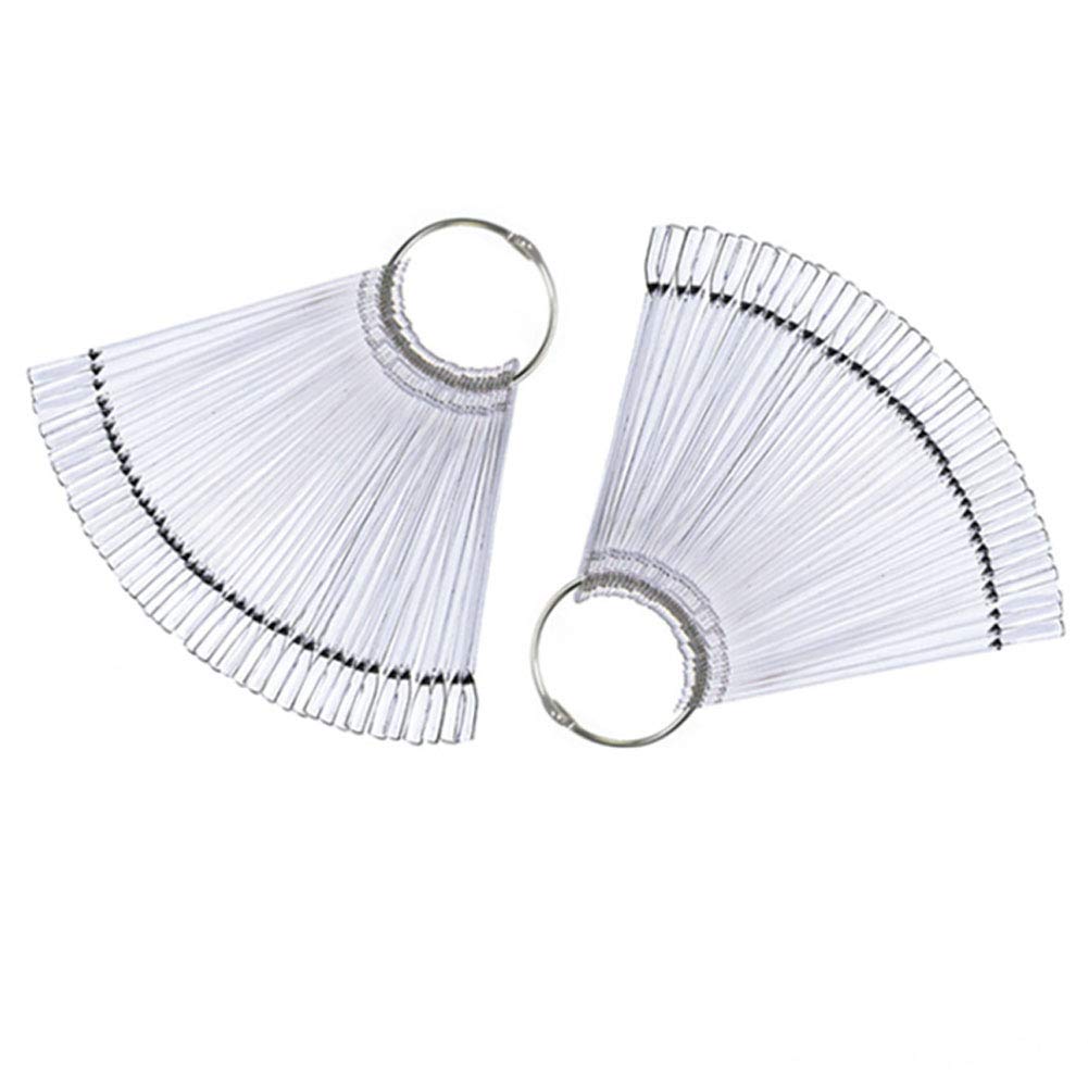 2 Sets 100 Tips Transparent Plastic Nail Swatches Sticks Fan Shape Nail Polish Display Board Practice Tool with Metal Ring Holder