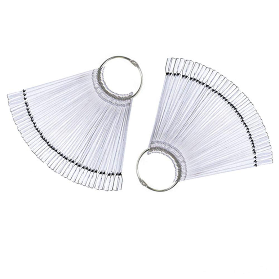 2 Sets 100 Tips Transparent Plastic Nail Swatches Sticks Fan Shape Nail Polish Display Board Practice Tool with Metal Ring Holder