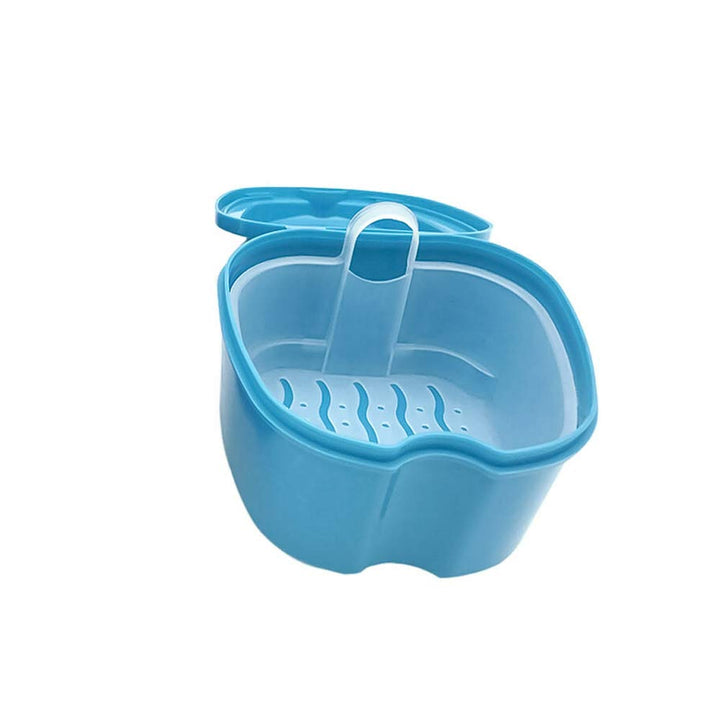 Denture Case, Denture Cup with Strainer Denture Bath Box with Cleaning Brush, Deture Bath for Retainer Cleaning (Blue)