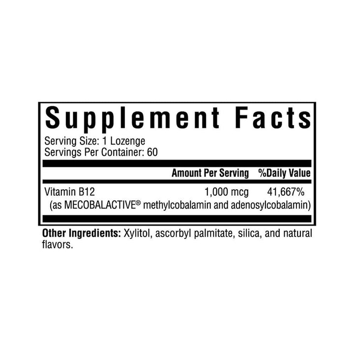 Active B12 1000, 1000 mcg B12 as Adenosylcobalamin and Methylcobalamin, Supports Homocysteine Levels and Methylation, MTHFR Support, Vegan and Vegetarian (60 lozenges)*