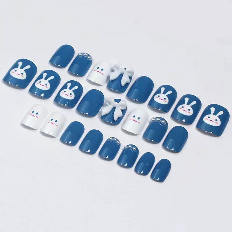 Cute Fake Press on Nails for Women Kid Cute Rabbit Fake Nails Pre-glue Short Full Cover False Nail Tips Stick on Nails Lovely Gift Girls Nail Art Decoration -Blue