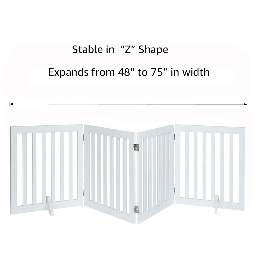 24”H Free Standing Pet Gate for Dog Cat, Wooden Dog Gates for Doorway, Stairs, Step Over Foldable Pet Fence for The House, Expandable Dog Barrier, Indoor Use, White