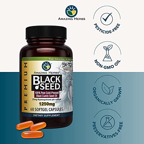 Premium Black Seed Oil Capsules - High Potency, Cold Pressed Nigella Sativa Aids in Digestive Health, Immune Support & Brain Function - 60 Count, 1250mg (Pack of 2)