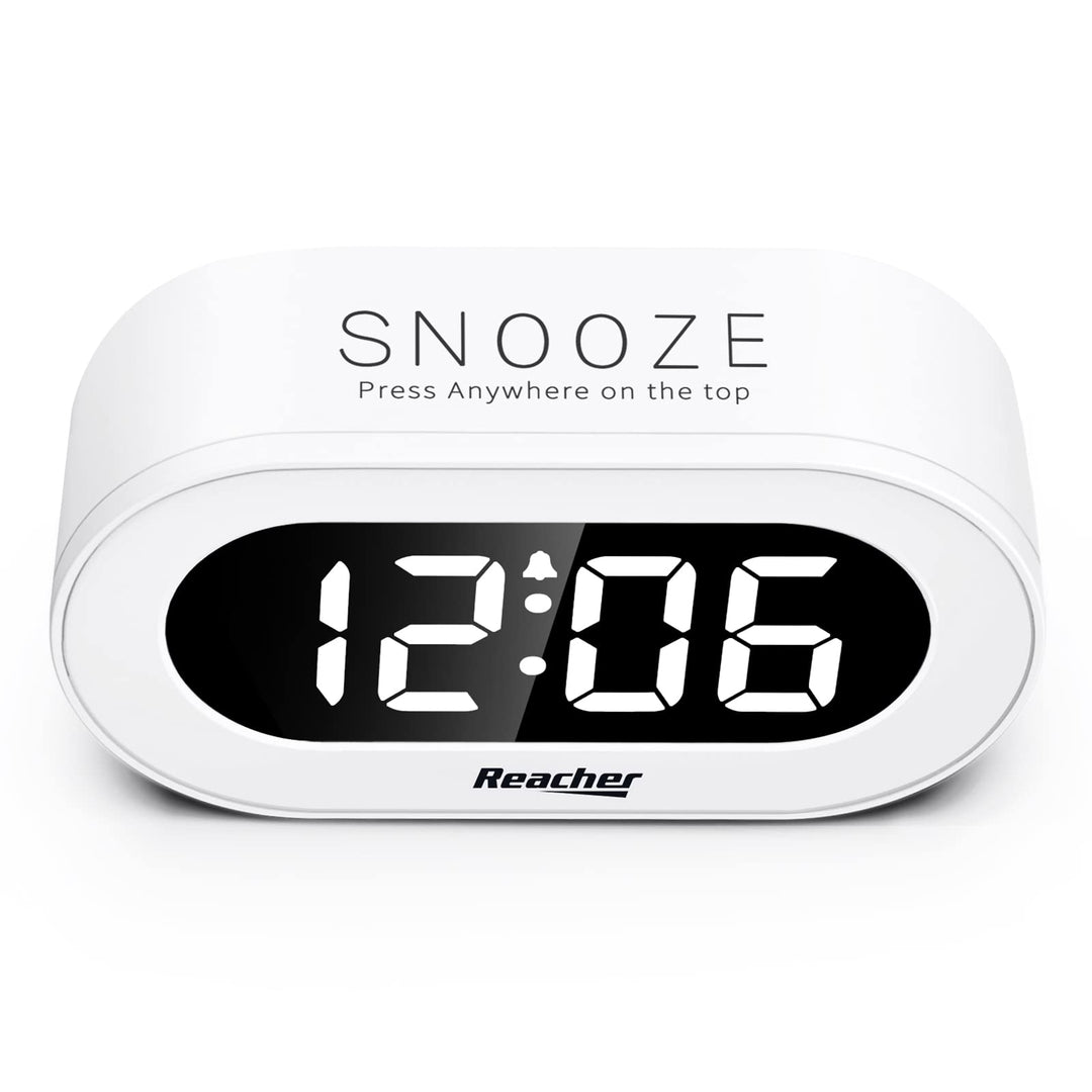 Small LED Digital Alarm Clock with Snooze, Simple to Operate, Full Range Brightness Dimmer, Adjustable Alarm Volume, Outlet Powered Compact Clock for Bedrooms, Bedside, Desk, Shelf(White)