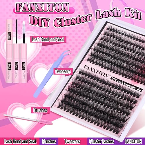 DIY Lash Extension Kit Volume Lash Clusters 40D+50D D Curvature Individual Lashes Lash Clusters Kit Thick Eyelash Extension Kit 280 pcs Thin Band Cluster Lashes Lash Bond and Seal Tweezers