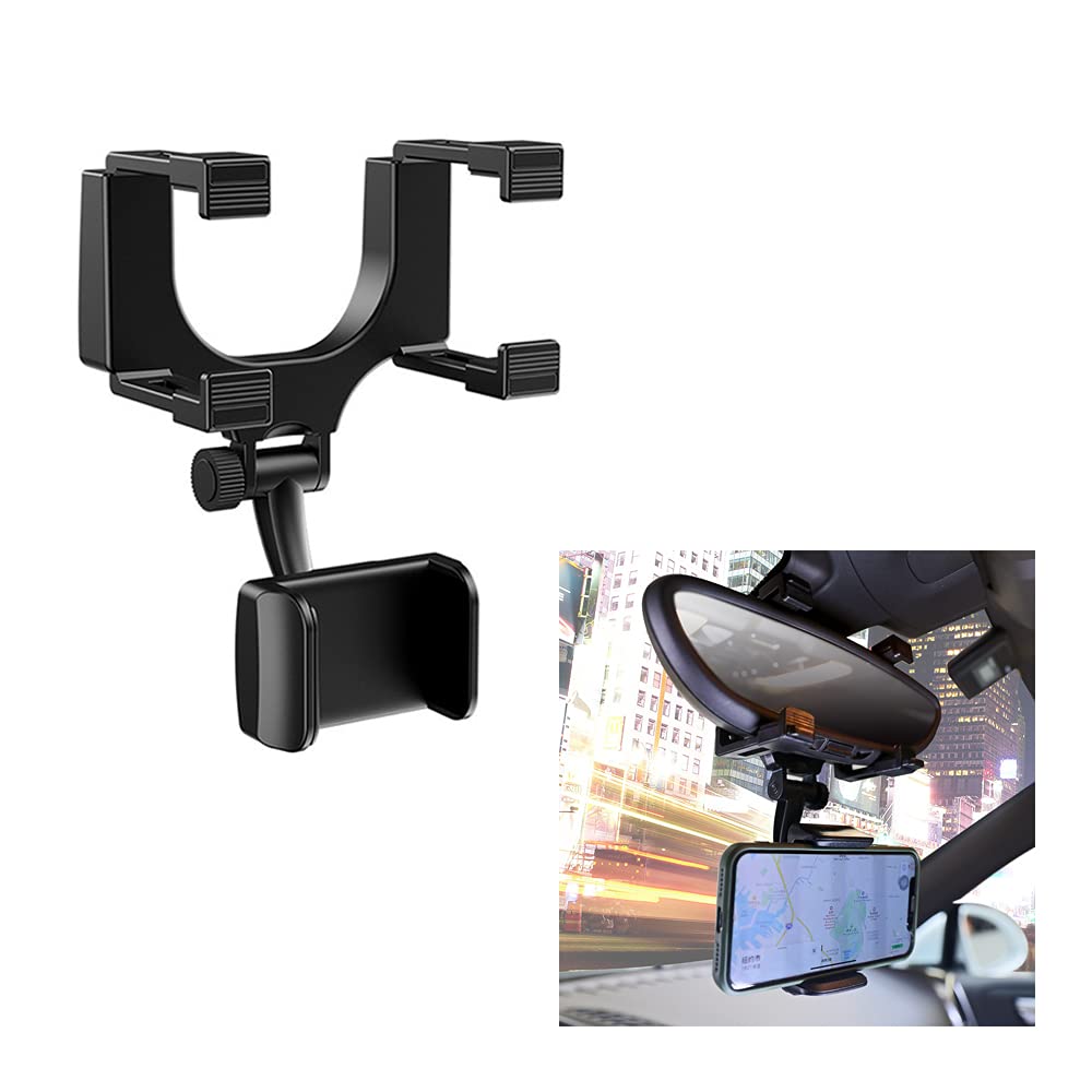 Rear View Mirror Phone Holder Mount, Car Phone Bracket/Stand with 270° Swivel and Adjustable Clips, Universal Smartphone Cradle, Black