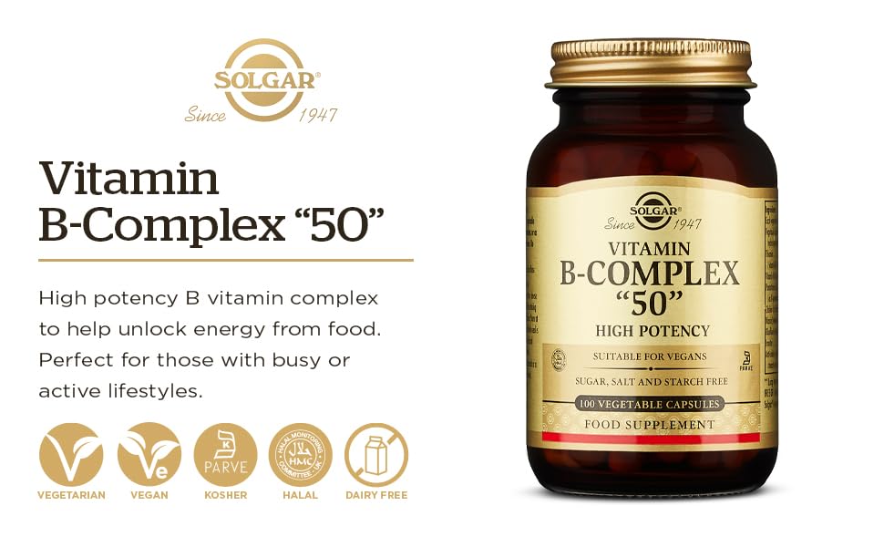 Solgar BComplex “50” Vegetable Capsules Energy Metabolism Cardiovascular Support Nervous System Support NonGMO Vegan Gluten Free Dairy Free Kosher Halal Servings, Standard Packagaing, 100 Count