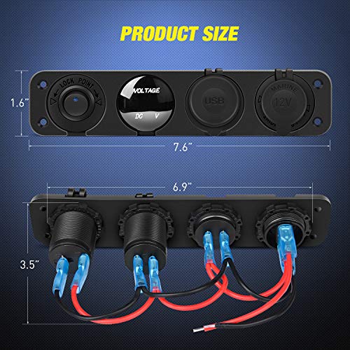 4 in 1 ON/OFF Charger Socket Panel Dual USB Socket Power Outlet & LED Voltmeter &Cigarette Lighter Socket& LED Lighted ON Off Rocker Toggle Switch for Truck Car Marine Boats RV,2 Yeas Warranty