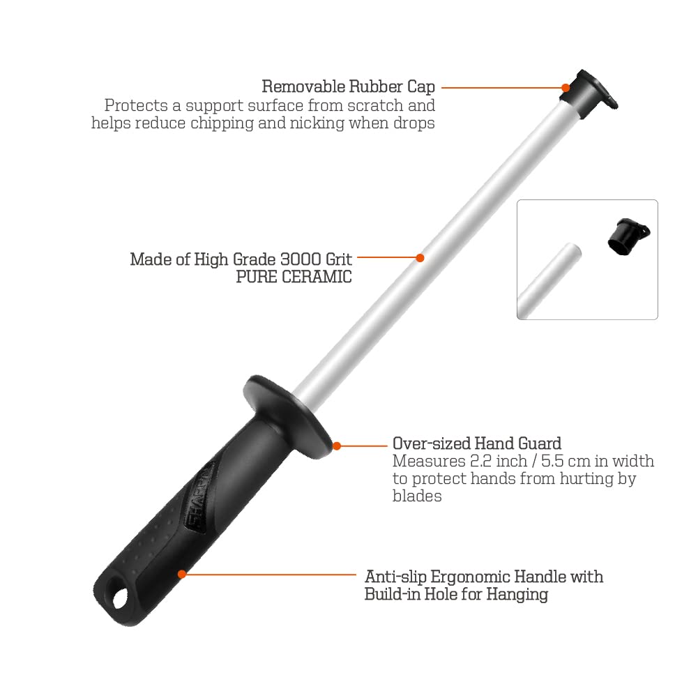 118N Professional Ceramic Sharpening Fine Honing Rod Steel Kitchen Knife Sharpener Stick, With Anti-Breaking Cap