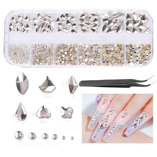 Crystals for Nail Art Rhinestones Flatback Nail Diamonds Gems 3D Nail Art Hearts Rhombus Round Shaped Rhinestones for Nails Crystals with Tweezers