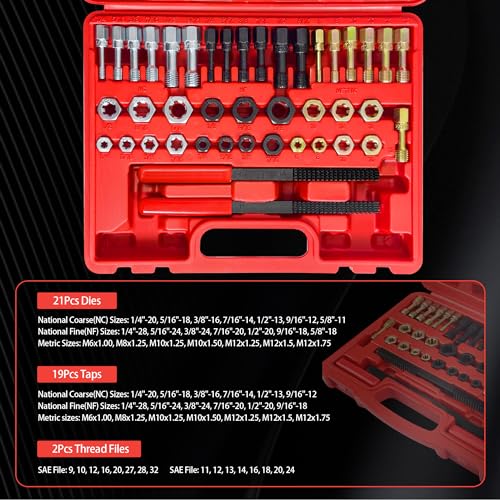 42Pcs Thread Chaser Set, Thread Restorer Kit Includes 21 Rethreading Dies, 19 Rethreading Taps & 2 SAE Thread Files, Thread Repair Kit with UNF, UNC and Metric Size