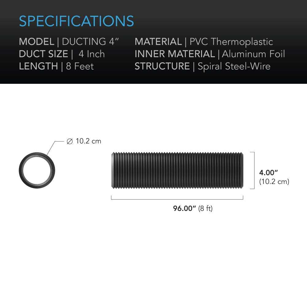 Flexible 4-Inch Aluminum Ducting, Heavy-Duty Four-Layer Protection, 8-Feet Long for Heating Cooling Ventilation and Exhaust