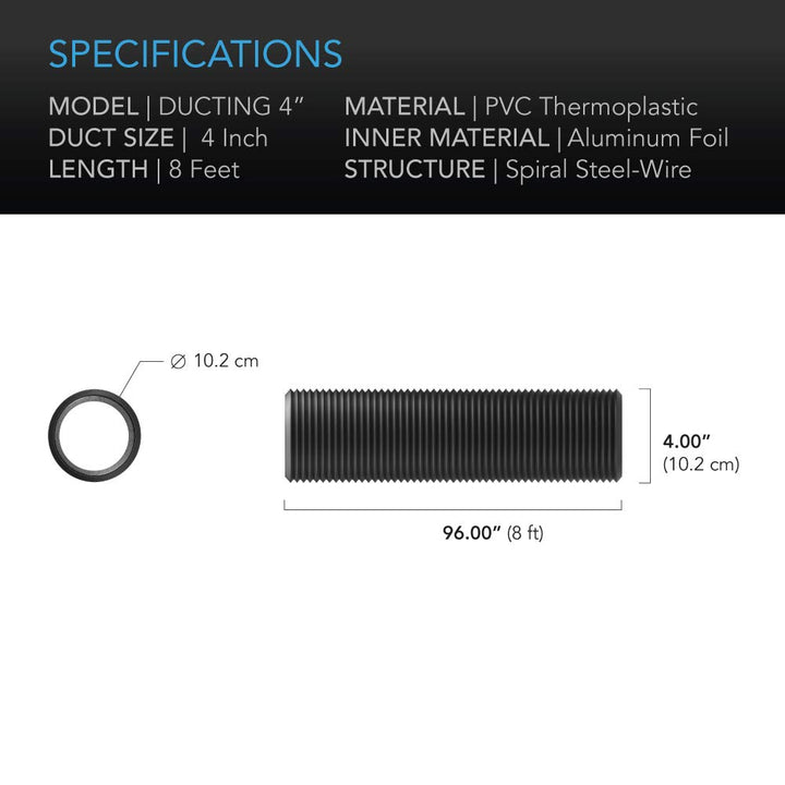 Flexible 4-Inch Aluminum Ducting, Heavy-Duty Four-Layer Protection, 8-Feet Long for Heating Cooling Ventilation and Exhaust