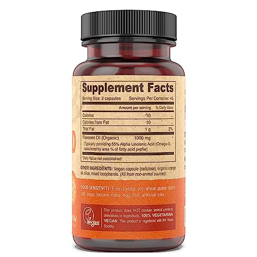 Organic Vegan Vitamins Flax Seed Oil - Rich in Omega-3, Cold-Pressed & Unrefined - 90 Capsules, 2-Pack