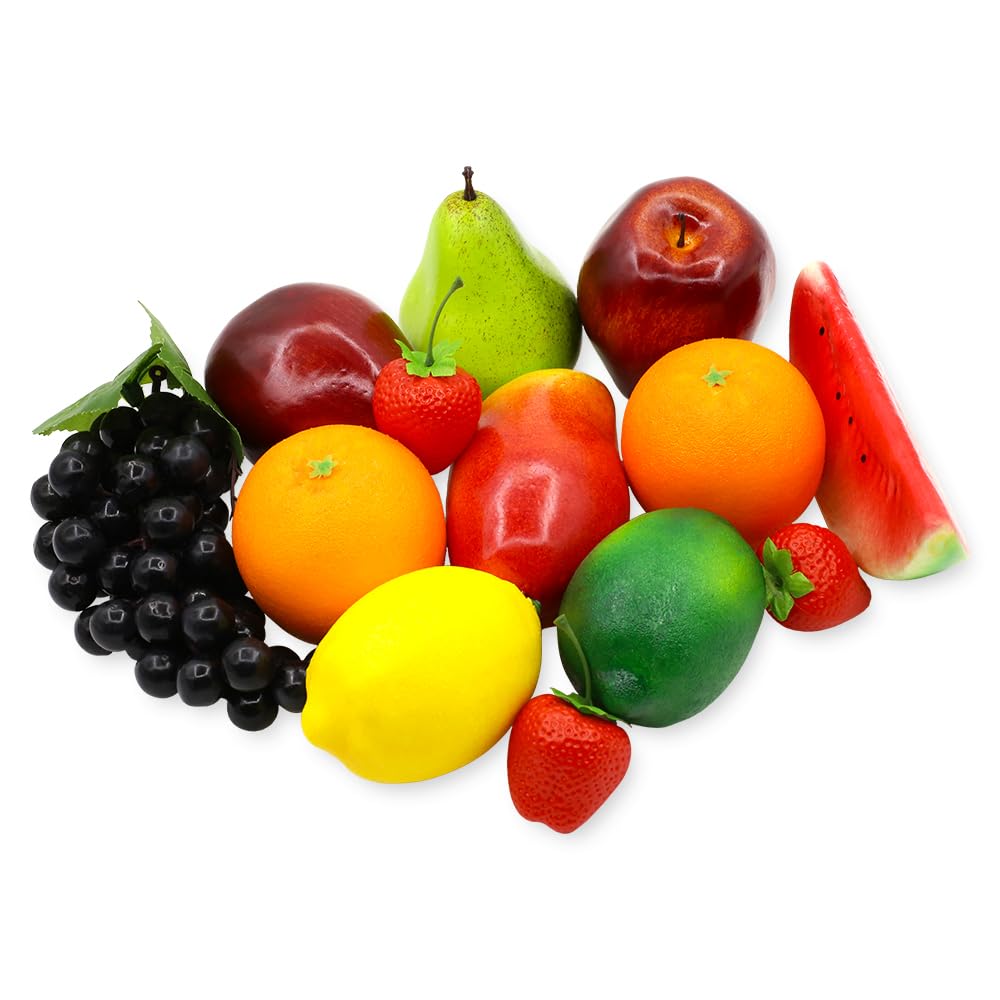 13 Pcs Artificial Fruits Set, Lifelike Realistic Fake Fruit Home Decoration, Faux Fruit Decor for Dining Table, Photography Props Fruit Oranges, Limes, Grapes, Pear