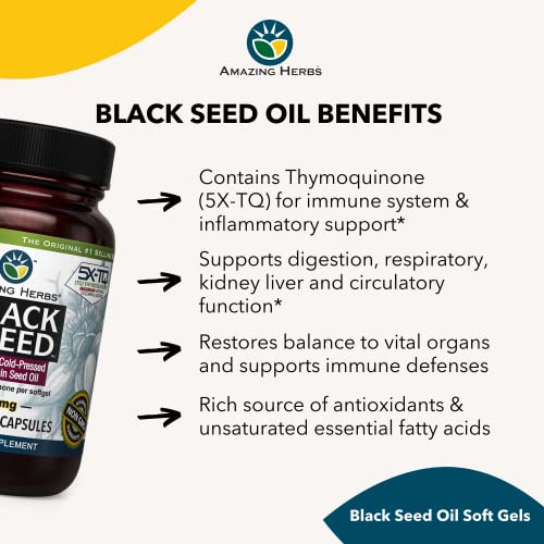 Premium Black Seed Oil Capsules - Cold Pressed Nigella Sativa Aids in Digestive Health, Immune Support, Brain Function, Gluten Free, Non GMO - 90 Count, 500mg