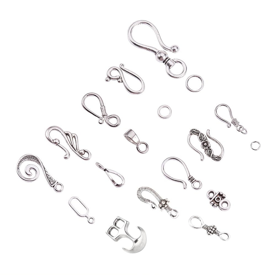50 Sets 10 Styles S Hook Ring Toggle Clasps End Clasps Antique Silver Tibetan Jewelry Clasps for Bracelet Necklace Jewelry Making