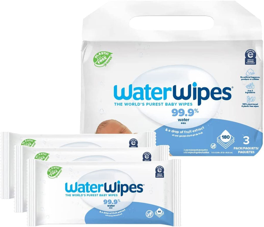 Plastic-Free Original Baby Wipes, 99.9% Water Based Wipes, Unscented & Hypoallergenic for Sensitive Skin, 180 Count (3 packs), Packaging May Vary