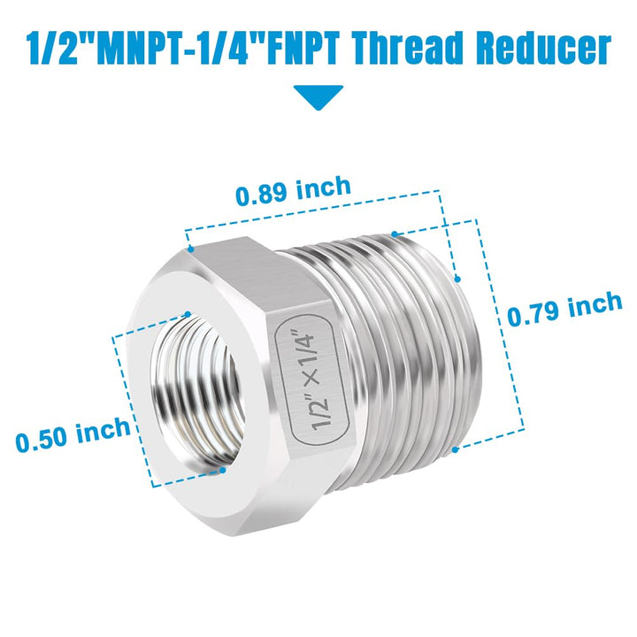 Stainless Steel Reducing Hex Bushing, 1/2 Male NPT to 1/4 Female NPT, Reducer Bushing Pipe Hose Fitting (Pack of 2)