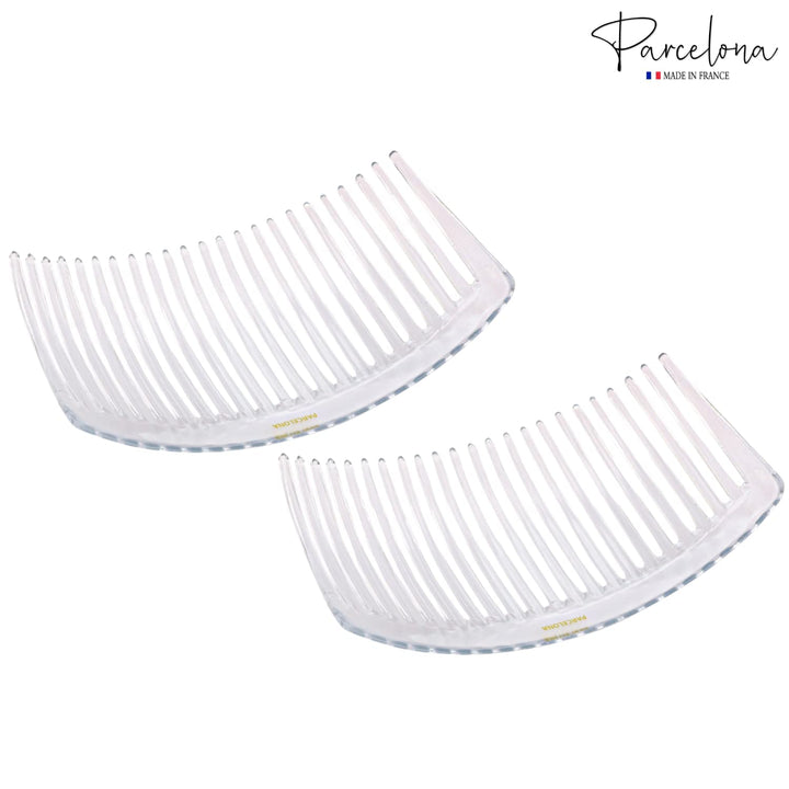 French Pair of Clear Crystal Color Large Glossy Cellulose Acetate Good Grip Updo 23 Teeth Hair Side Combs 4.25 Inches