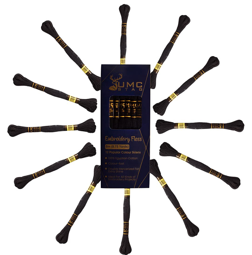 12 Pieces Black Colour Premium Embroidery Thread | 100% Egyptian Cotton Premium Skeins | Cross Stitch Embroidery Floss | Oeko TEX Certified Stranded Cotton (Black)