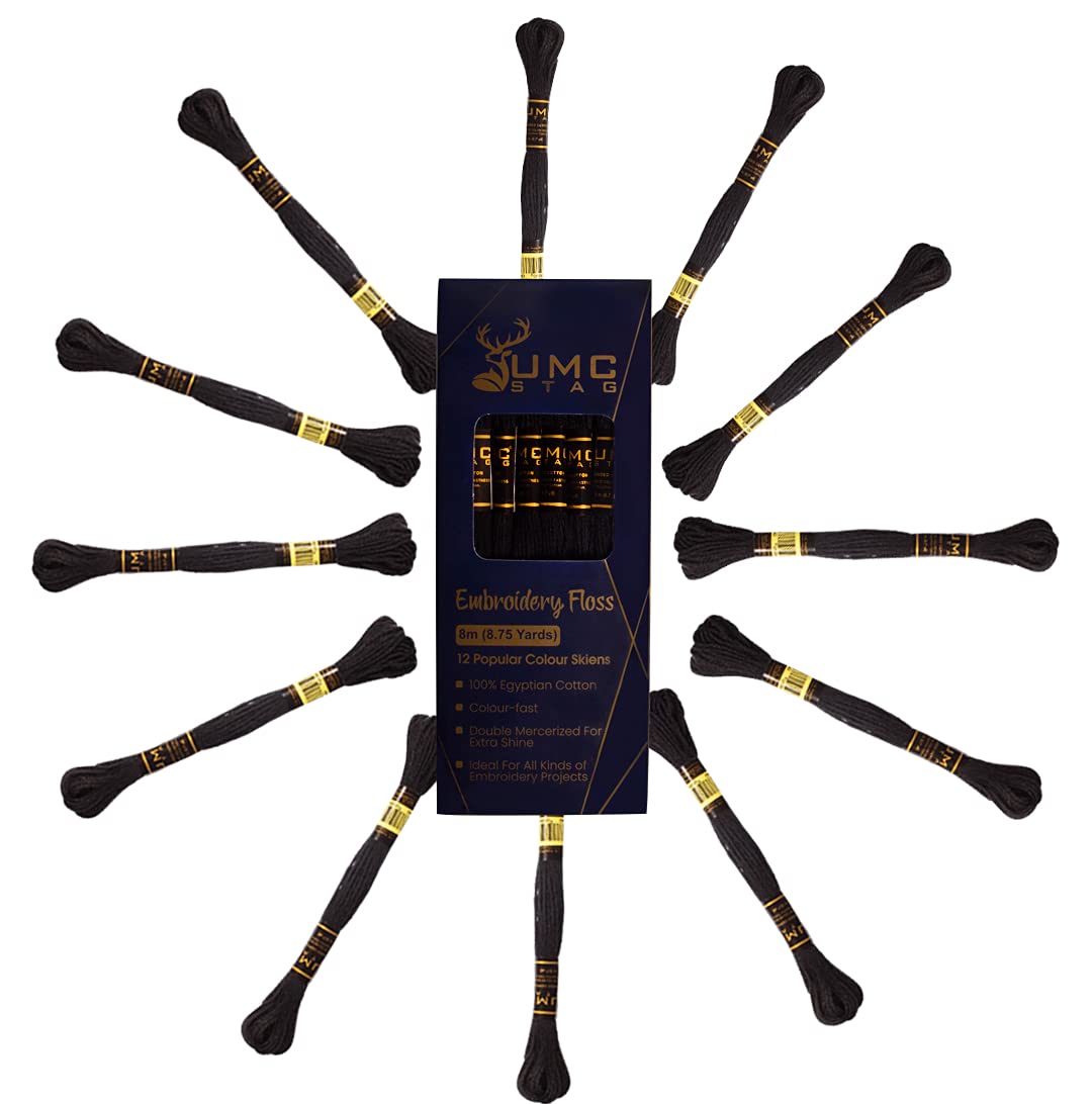 12 Pieces Black Colour Premium Embroidery Thread | 100% Egyptian Cotton Premium Skeins | Cross Stitch Embroidery Floss | Oeko TEX Certified Stranded Cotton (Black)