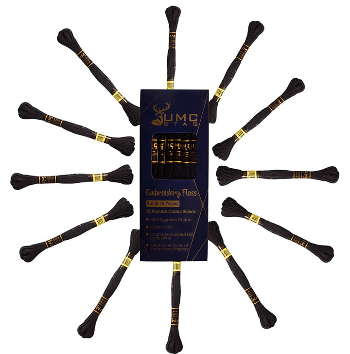 12 Pieces Black Colour Premium Embroidery Thread | 100% Egyptian Cotton Premium Skeins | Cross Stitch Embroidery Floss | Oeko TEX Certified Stranded Cotton (Black)