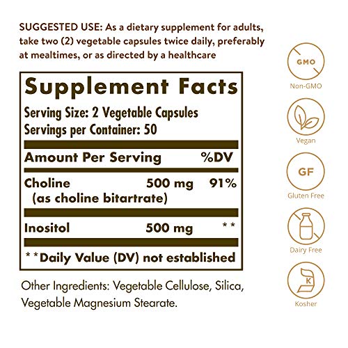 Solgar Choline/Inositol 500 mg/500 mg, 100 Vegetable Capsules - Energy Metabolism, Liver Health, Essential for Brain & Nerve Function - Non-GMO, Vegan, Gluten Free, Dairy Free, Kosher - 50 Servings
