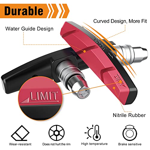 Bike Brake Pads Set, 6PCS Road Mountain Bicycle V-Brake Blocks Shoes with Hex Nut and Shims, No Noise No Skid, 70mm, for Front and Back Wheel (Red)