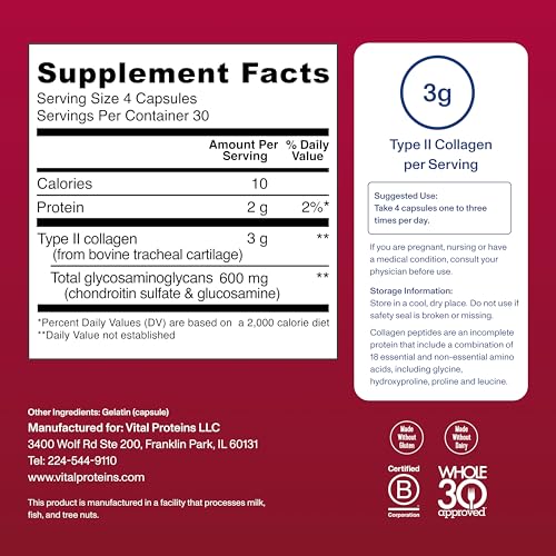 Cartilage Collagen Pills, Type II Collagen & Chondroitin Sulfate Supplement for Recovery & Healthy Hair, Skin, Nails and Joints - 750 mg Serving with 120 Capsules