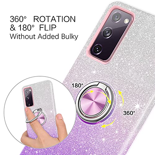 for Galaxy S20 FE Case, Phone Case Samsung S20 FE, Slim Thin Kickstand Ring Holder Car Mount Soft TPU Rubber Bumper Hybrid Hard Drop Protection Shockproof Girls Women Cover, Purple Glitters