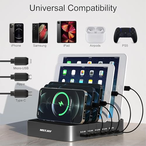 Charging Station for Multiple Devices, USB-A Charging Station Dock Switch Cell Phone 5 Port Charger Station, Designed for Apple iPhone iPad Cell Phone Tablet, Gunmetal