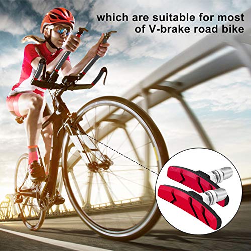 Bike Brake Pads Set, 6PCS Road Mountain Bicycle V-Brake Blocks Shoes with Hex Nut and Shims, No Noise No Skid, 70mm, for Front and Back Wheel (Red)