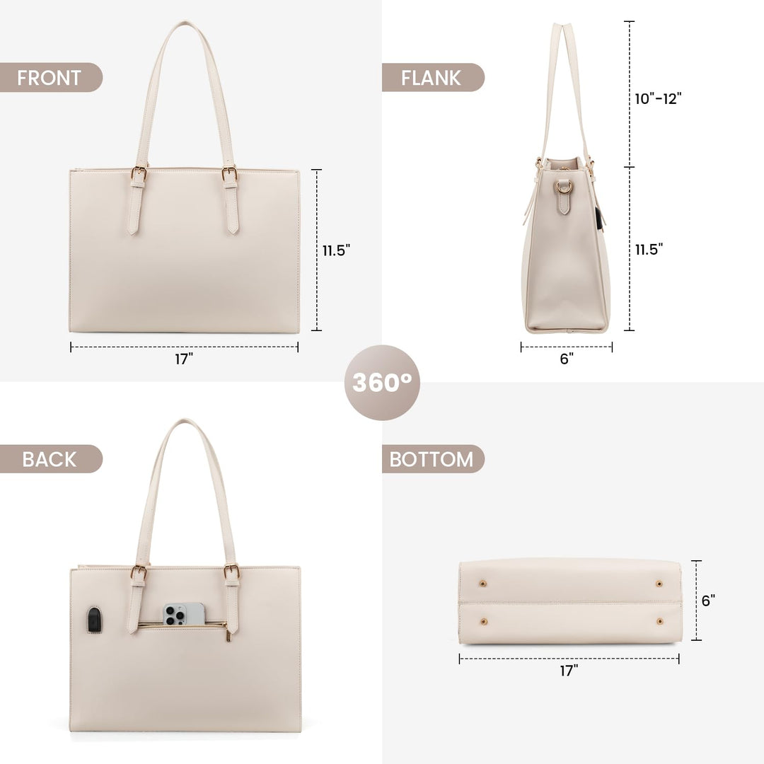 Laptop Bag for Women, Fashion Computer Tote Large Capacity Handbag, Leather Shoulder Bag Purse Set, Professional Business Work Briefcase for Office Lady, 2PCs, 15.6-Inch, Beige White