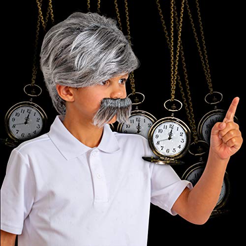 Grey Wig and Mustache - Salt and Pepper Hair Old Person Grandpa Wigs and Mustache Old Man Costume Accessories Set for Boys and Girls