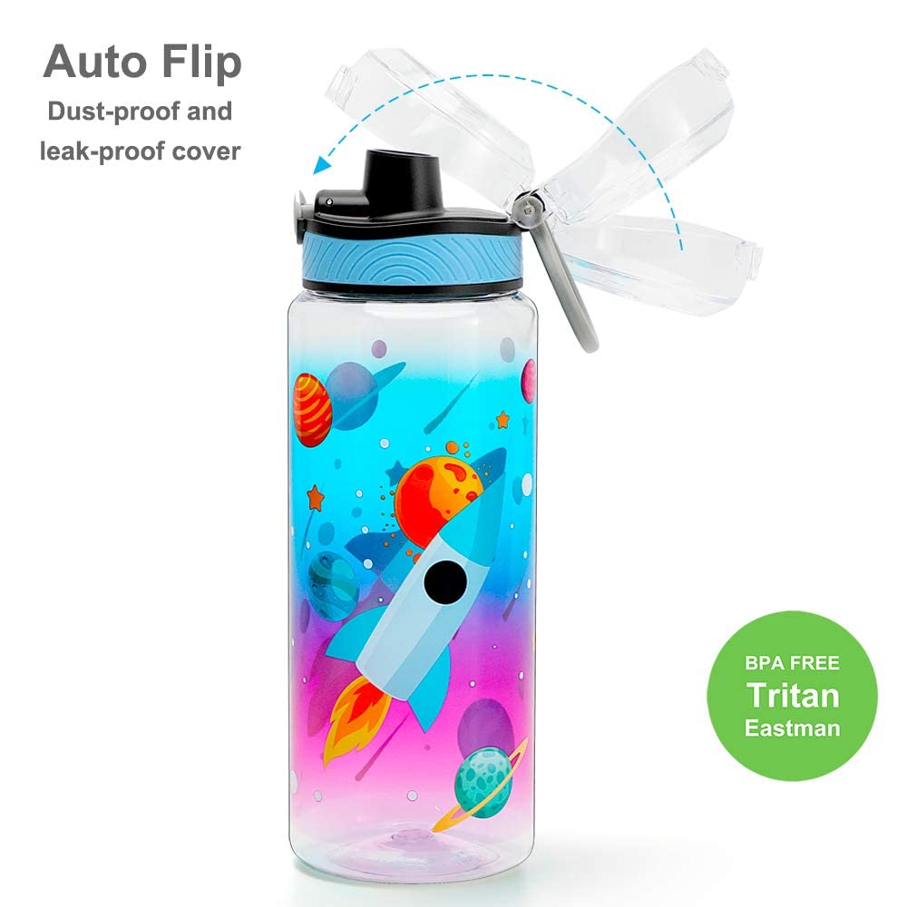 Cute Water Bottle for School Kids Boys, BPA FREE Tritan & Leak Proof Flip Top Lid & Easy Clean & Carry Handle, 23oz/ 680ml - Rocket