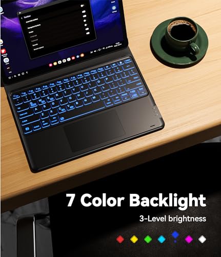 Samsung Galaxy Tab S7 Fe (5G) Case with Keyboard, Tab S8 Plus S7 Plus, DIY 7 Color Backlit, Smart Touchpad, Detachable Magnetic Keyboard Case with S Pen Holder, Black