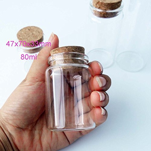 2pcs Empty Clear Glass Bottles Vials with Cork Stopper Storage Jars 47mm Bottle Diameter (47x70x33mm 80ml)
