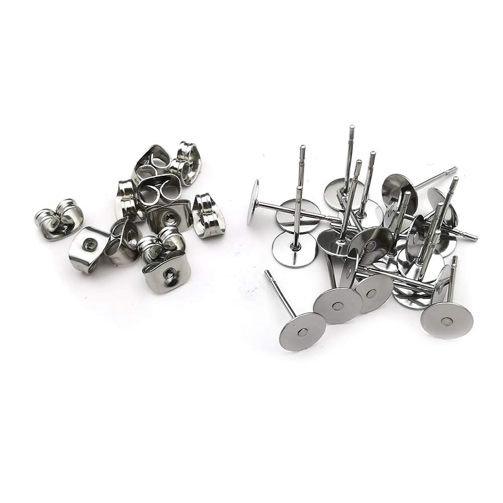 400pcs Hypoallergenic Stainless Steel Earrings Posts Flat Pad Blank Earring Pin Studs with Butterfly Earring Backs for Jewelry Making Findings (6mm)